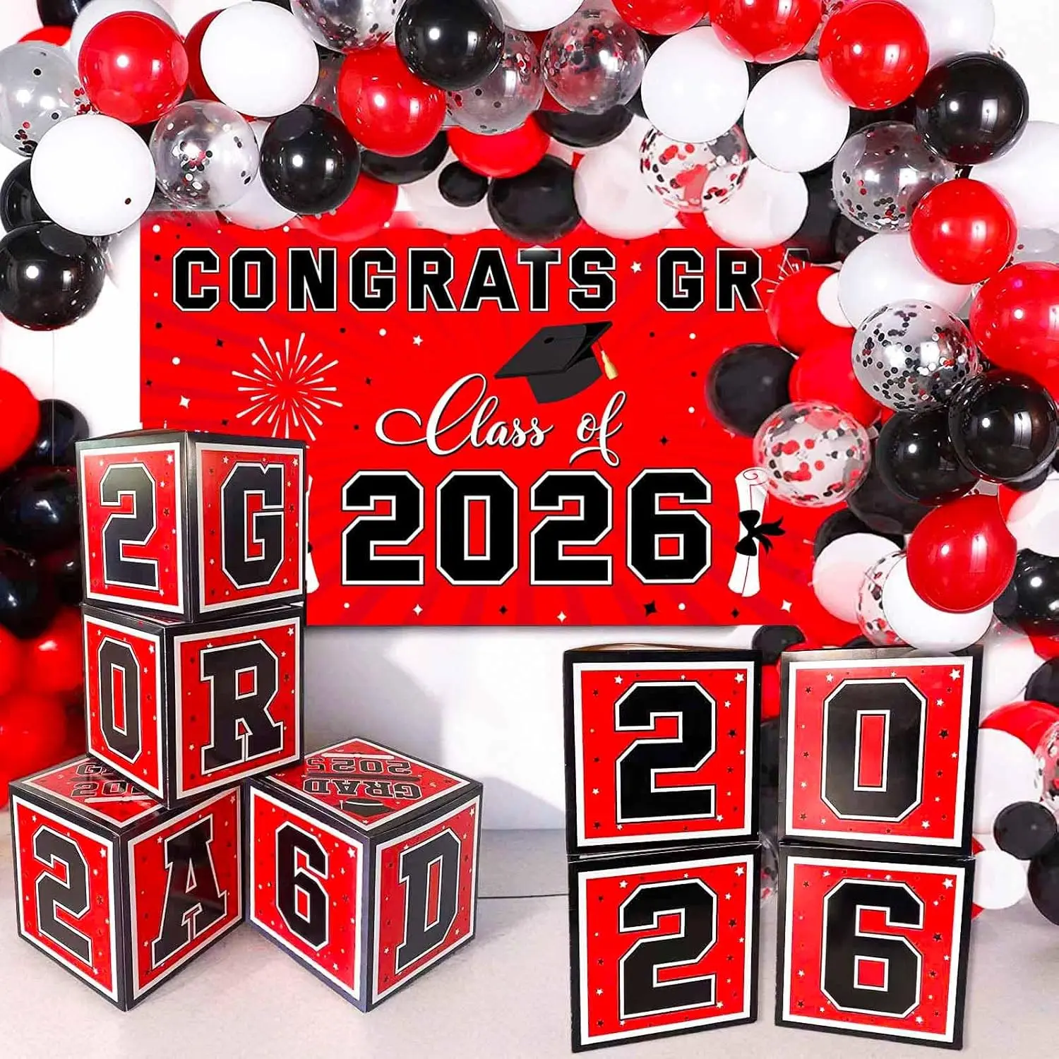 2026 Graduation Decorations Set - Black Red White Balloon Boxes, Class of 2026 GRAD Letters, Balloon Garland Kit, Congrats Grad Banner Photo Backdrop for High School, Outdoors, Party