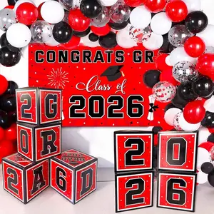 Graduation Decorations 2026 Black Red and White Balloon Boxes, Class of 2026 GRAD Letters, Balloon Garland Kit, Congrats Grad Banner Photo Backdrop for High School & College