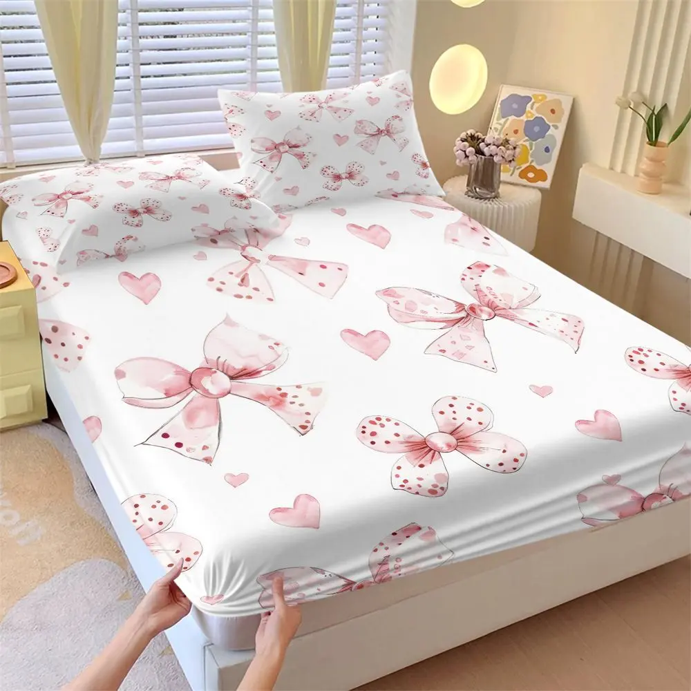 Cute Pink Bows and Hearts Print Bedding Set (1 Fitted Sheet + 2 Pillowcases) Soft Aesthetic Bed Sheets Set for Girls Bedroom Dorm Decor All Season