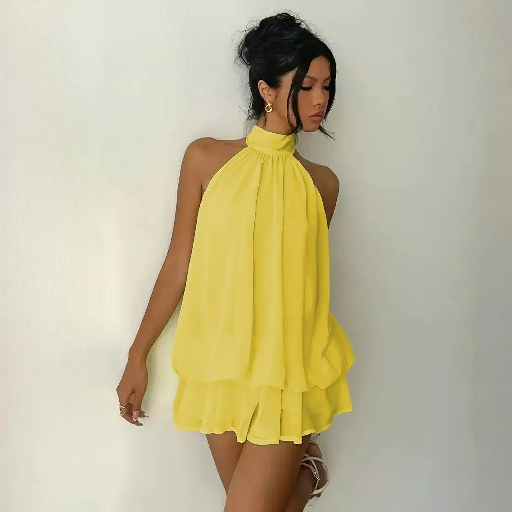 Women's Halter Neck Mini Dress, Backless Tie Neck Sleeveless Flowy Layered Swing Dress, Solid Color Summer Party Vacation Outfit, Casual Weekend Beach Dinner Dress for Women, S-XXL