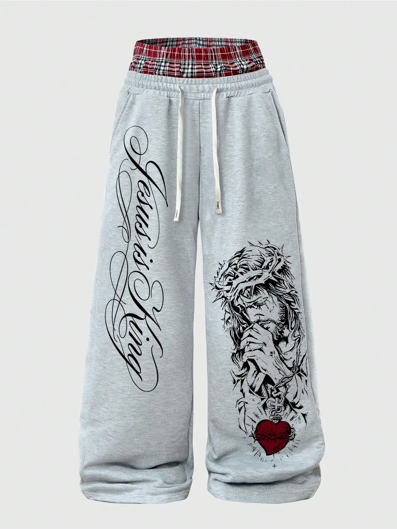 Men's Street Style Wide-Leg Sweatpants with Double Waistbands, retro Jesus print plaid patchwork drawstring loose trousers, suitable for street style and everyday hip-hop outings.