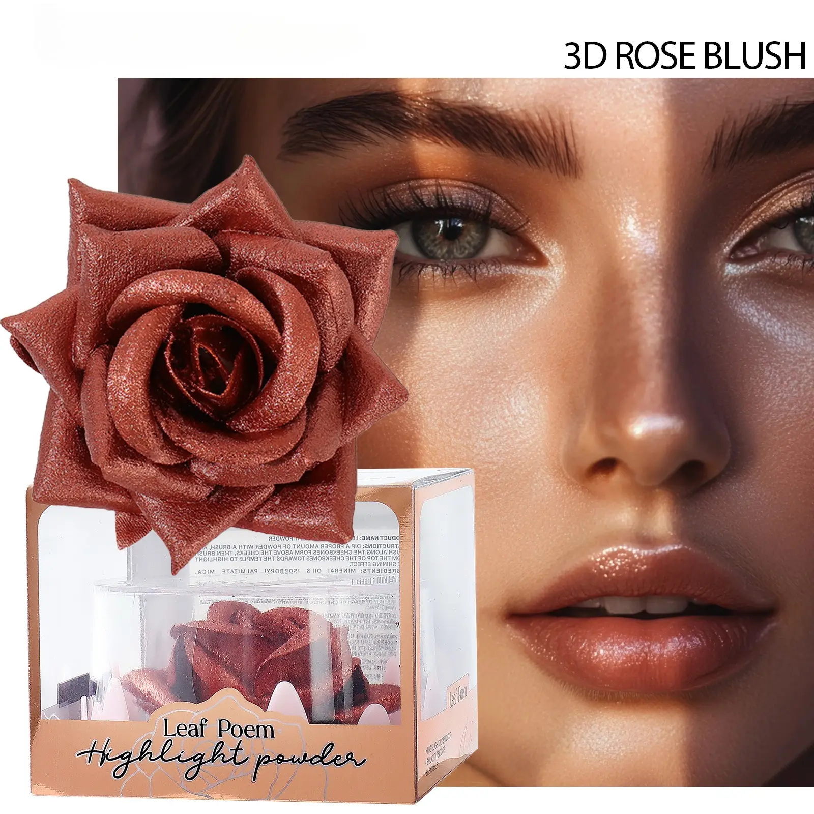 3D Rose Flower Highlighter Blush - Shimmer Glow Powder, Shimmer Glow for Glass Skin