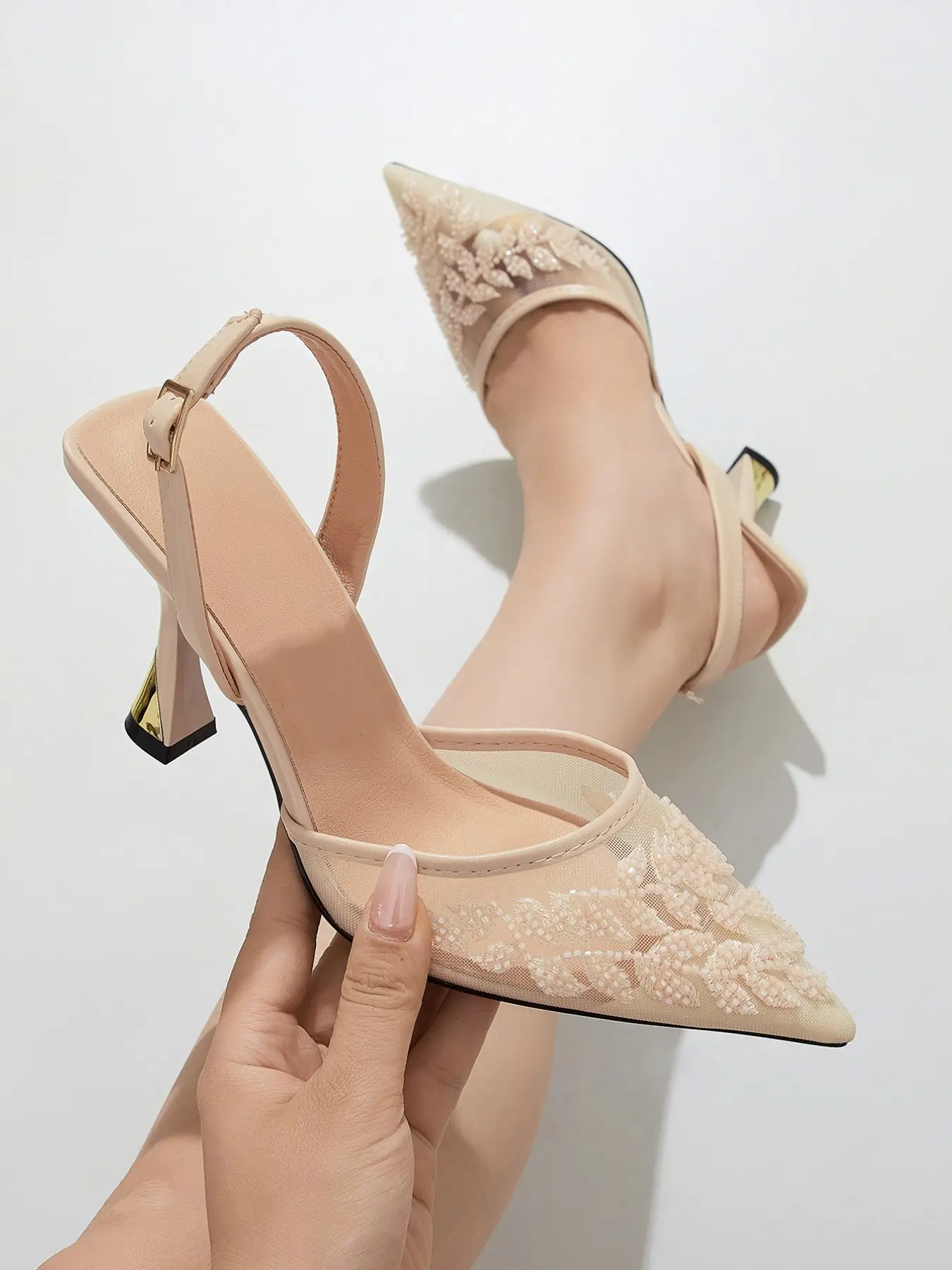 Women's Fashion Elegant Lace Mesh Hollow Out Fine High Heel Single Shoe, Pointed Toe Slip-On Summer Breathable Design for Dresses