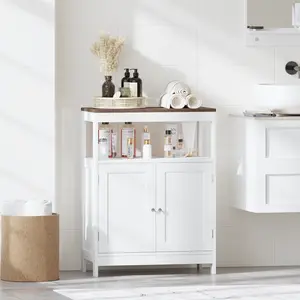 23.62 Inch White Rectangular Engineered Wood Storage Cabinet, Natural Wood Tone Top Open Shelf Double Door Closed Cabinet Multi-Purpose Freestanding Organizer For Kitchen Bathroom Living Room Entryway