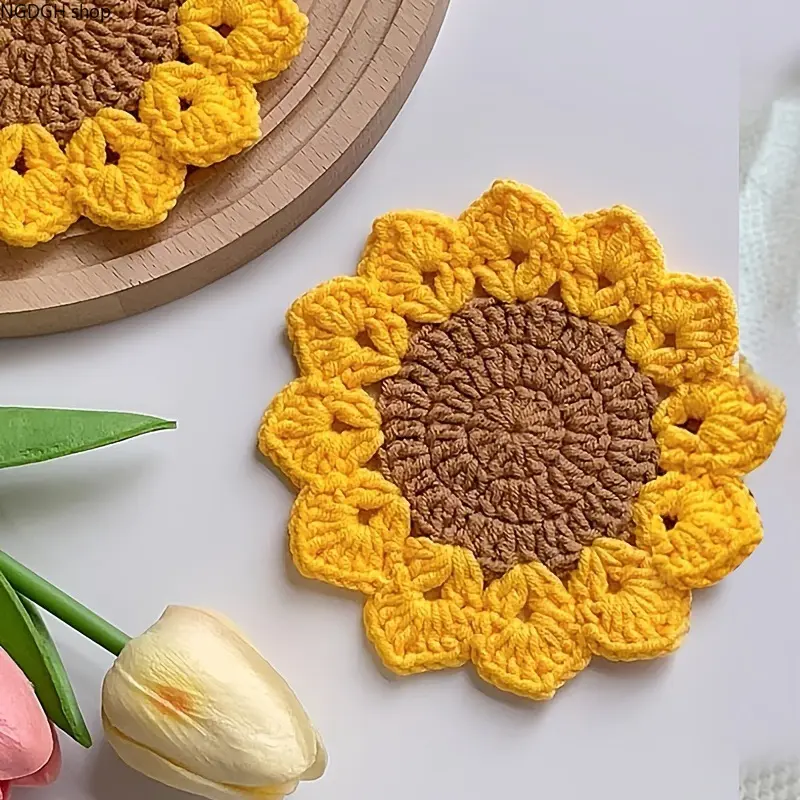 Sunflower Coasters - Cute Crochet Sunflower Coasters Handmade Placemats Set for Coffee Table Kitchen Home Decor