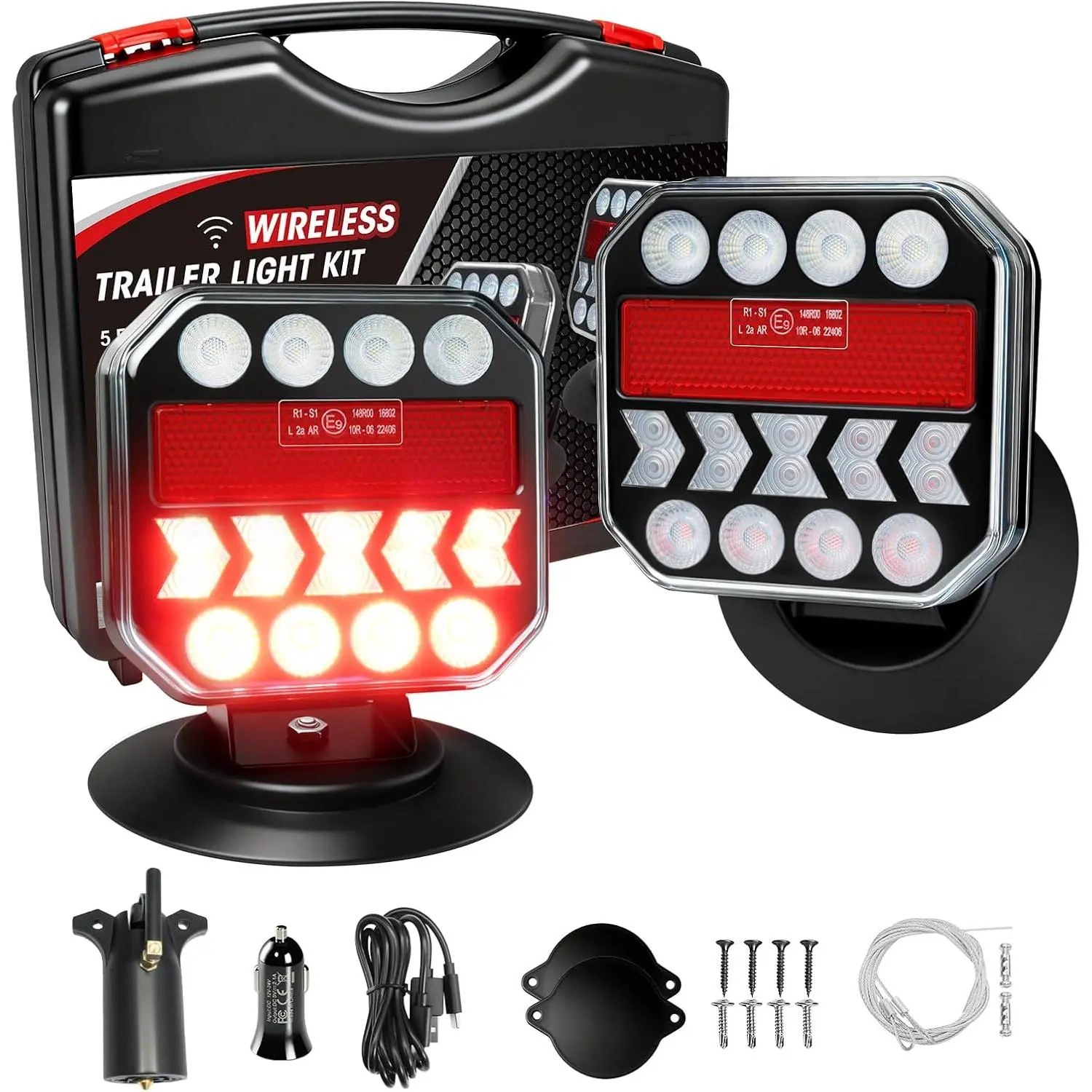 Wireless Trailer Lights 110° Rotatable, Magnetic LED Tail Light for Towing Truck, Rechargeable Tow Light for Boat, Camper, Caravan, Car Turn Signal Kit, Brake Reverse Stop Backup, IP67 Waterproof