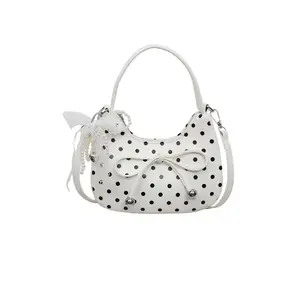 Polka Dot Handbag With Lace Pearl Bow Pendant, Single Shoulder Crossbody Bag, Elegant Lightweight Accessory For Dates & Parties