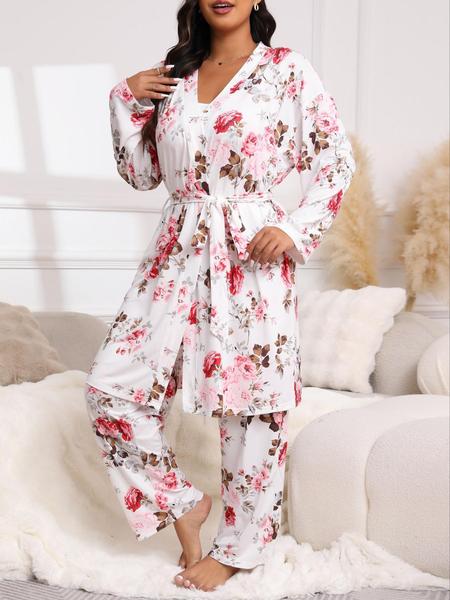 Plus Size 3-Piece Set Floral Print Belted Lounge Robe & Cami Top & Elastic Waist Pants Pyjama Set, Elegant Comfy Women's Sleepwear for Spring & Fall