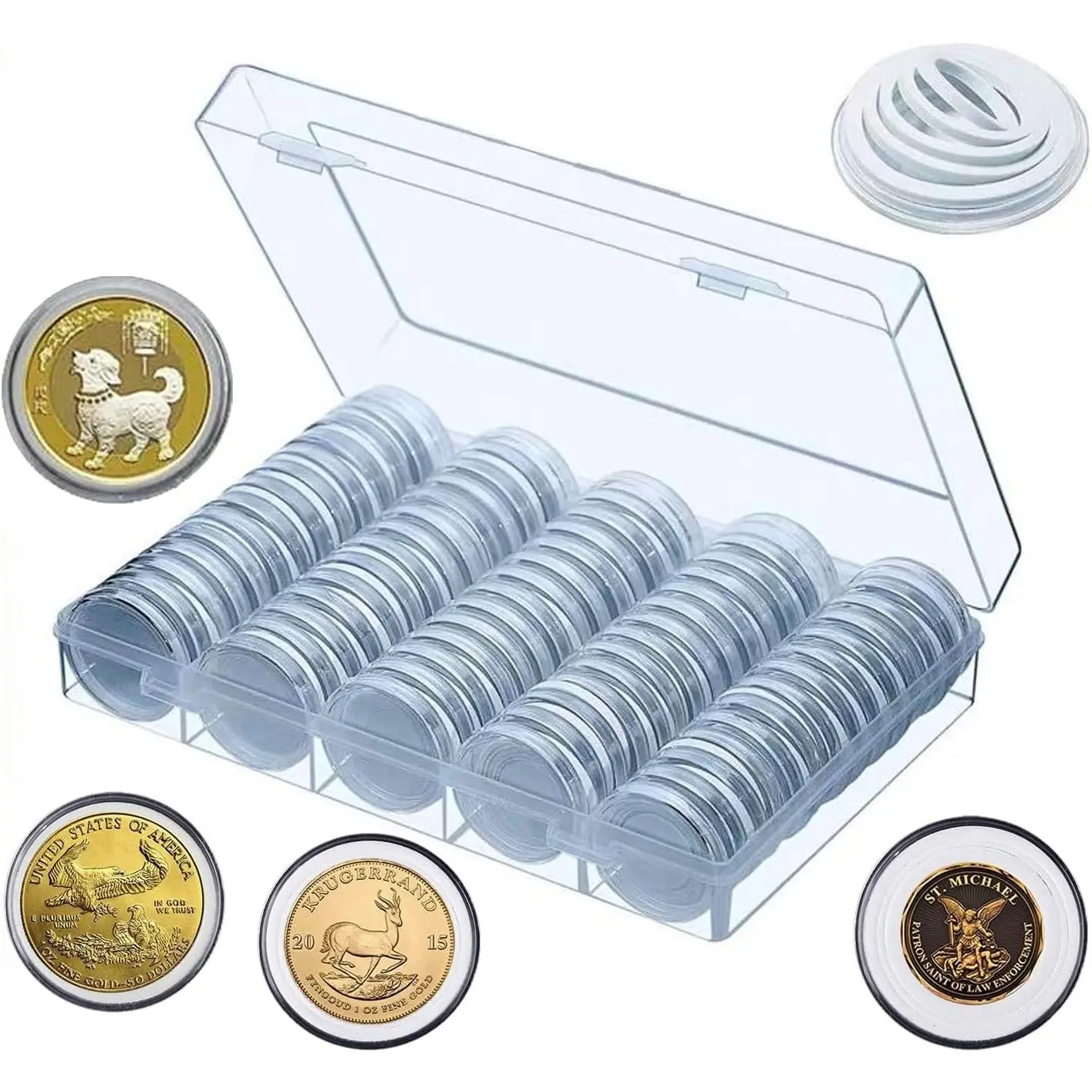 100 Pack  Capsules with Storage Box & 5-Size  Gaskets, Round  Holder Case for Quarters Nickels Pennies Dimes Small Dollars,  Collection Supplies (Max 30mm)