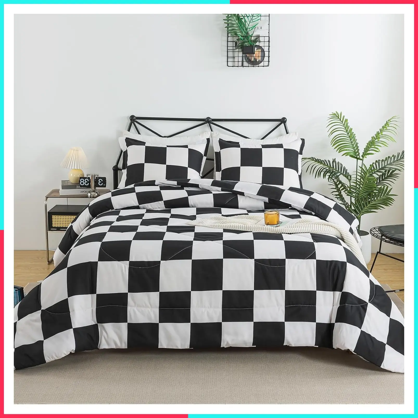Black and White Checkered Comforter Set, Twin Size, Plaid Bedding Set
