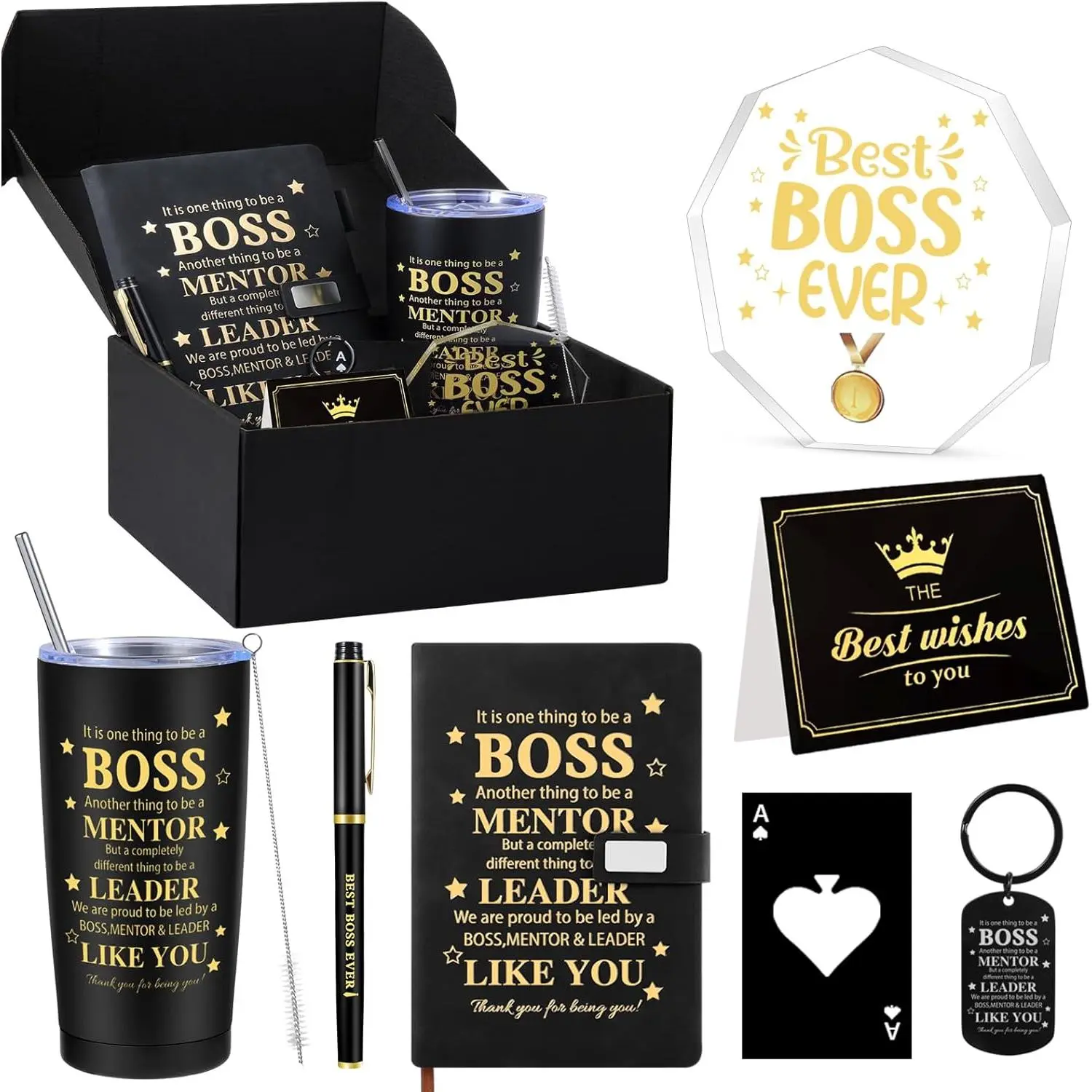 VAIPI Bosses Day Gifts for Men, World's Best Boss Ever Gifts Basket Set for Male, Thank You Appreciation Cool Boss Gift with 20 oz Tumbler Acrylic Trophy Notebook Ballpoint Pen Bottle Opener
