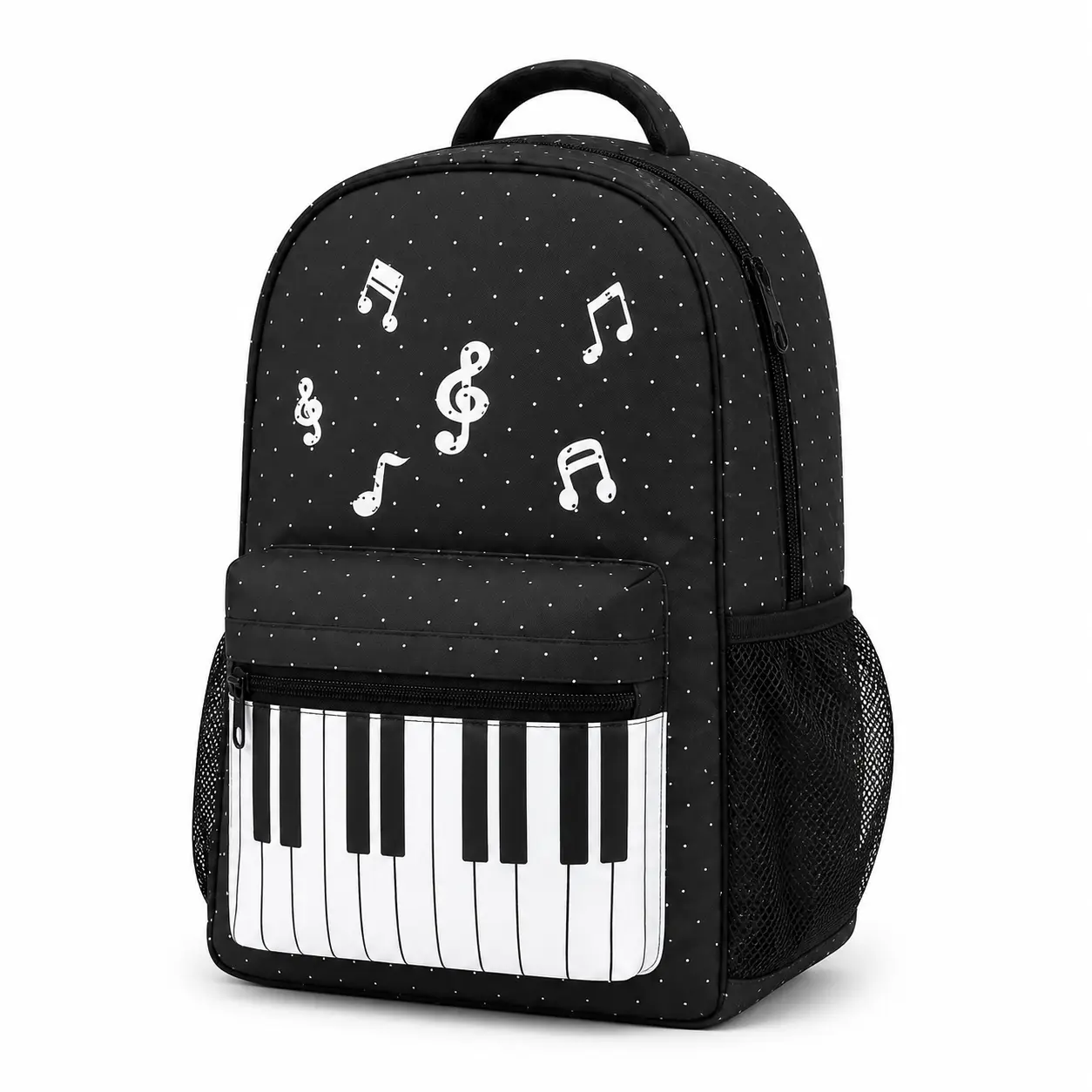 Music Backpack for Girls & Boys, Black Piano Keyboard School Bookbag with White Music Notes and Polka Dot Print, Student Daypack with Front Zipper Pocket, Side Mesh Pockets, Top Handle, Adjustable Shoulder Straps, Gift for School, Lessons & Daily Use,Mini