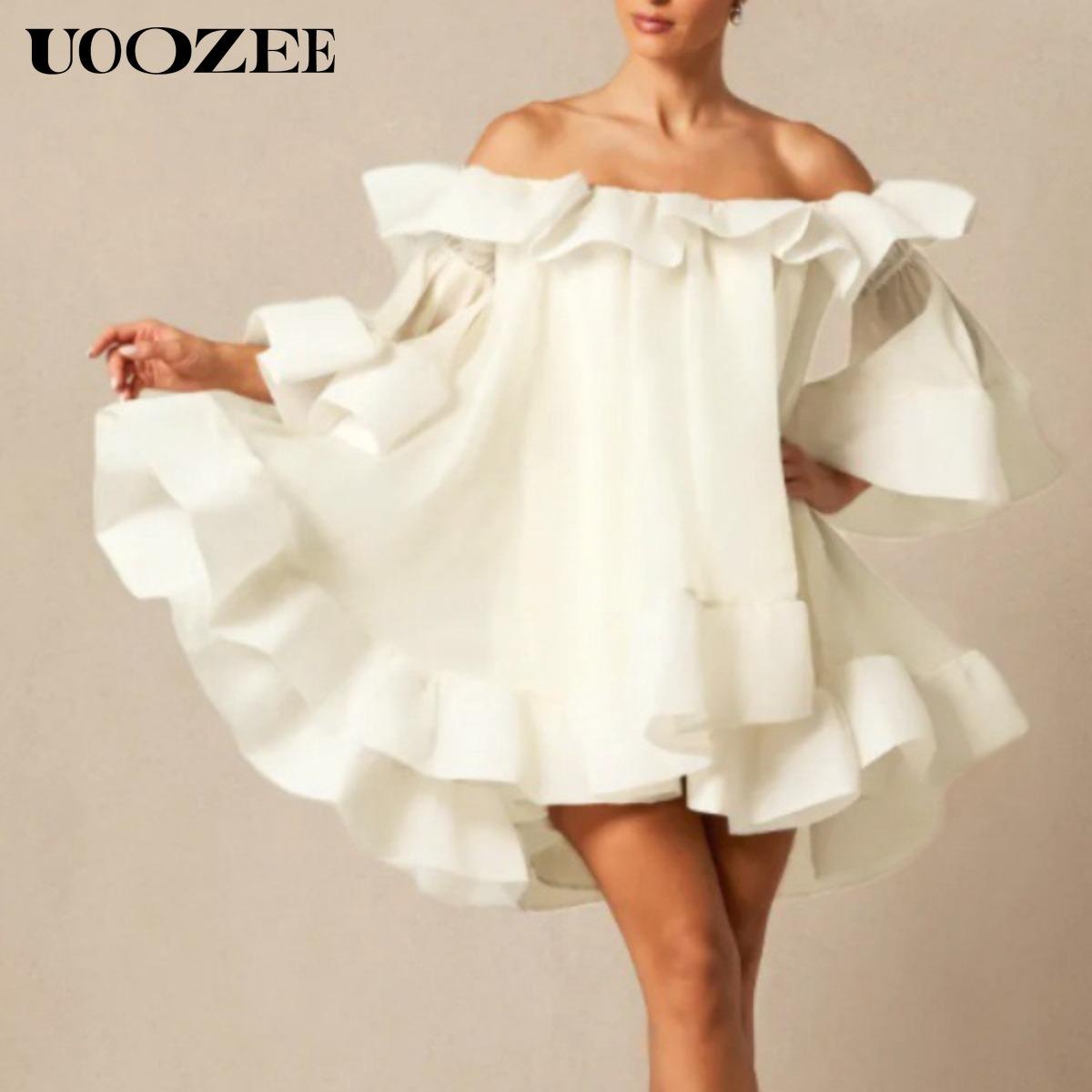 UOOZEE Women's White Off-Shoulder Mini Dress, Cascade Ruffle Sleeves High-Low Hem Pleated Party Dress New Stylish Flowy Dress(Sizing Runs Small - Check Size Guide or Order Larger) UOOZEE Women's White Off-Shoulder Mini Dress, Cascade Ruffle Sleeves High-Low Hem Pleated Party Dress New Stylish Flowy Dress(Sizing Runs Small - Check Size Guide or Order Larger)