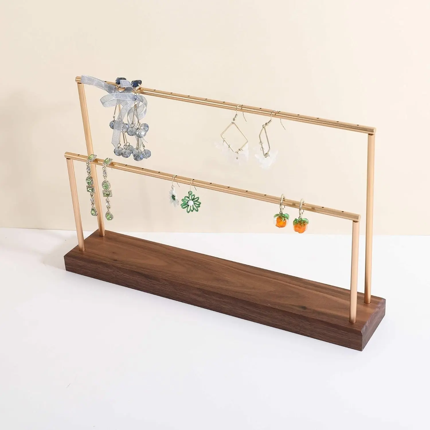 2-Tier Walnut Wooden Earring Holder Organizer, Stud Earring Display Stand for Girls & Boutique Stores, Jewelry Storage Shelf
