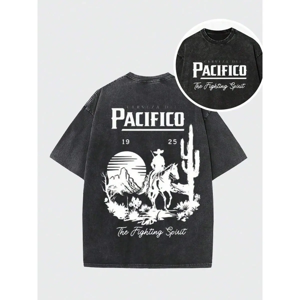 Retro Western Style Men's T-Shirt With Pacifico Beer Logo And Cowboy On Horse In Desert Scene Featuring Cactus And Mountain Landscape For Casual Wear Y2KCHAOS Vintage Style 250 Washed Cotton T-Shirt Men's T-Shirt