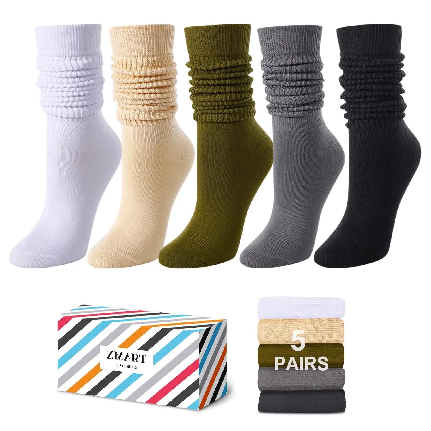 Zmart 5 Pairs Fun Cute Colorful Slouch Socks For Women Girls, Scrunch Socks Women, Cotton Long High Tube Socks Extra Tall Heavy Socks, Fashion Vintage 80s Gifts, 90s Gifts
