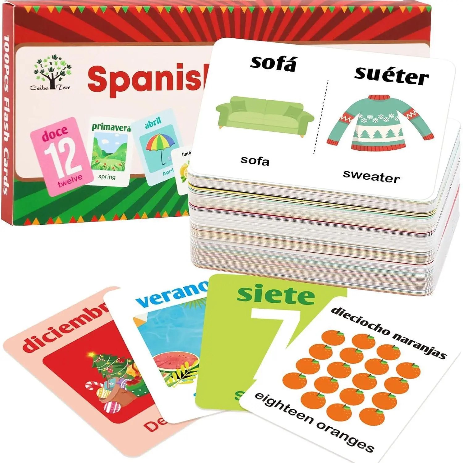 Spanish Flash Cards 100 English to Spanish Bilingual Flashcards Español Vocabulary Alphabet Number Colors Educational Learning Toys for Kids Adult Beginners Toddlers Grade School Classroom