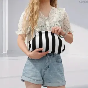 Lightweight Crochet Woven Cloud Dumpling Hand Clutch, Ruched Color Block Knit Bag, Soft Summer Style Handheld Purse with Spacious Pocket for Phone Sunglasses Daily Small Items