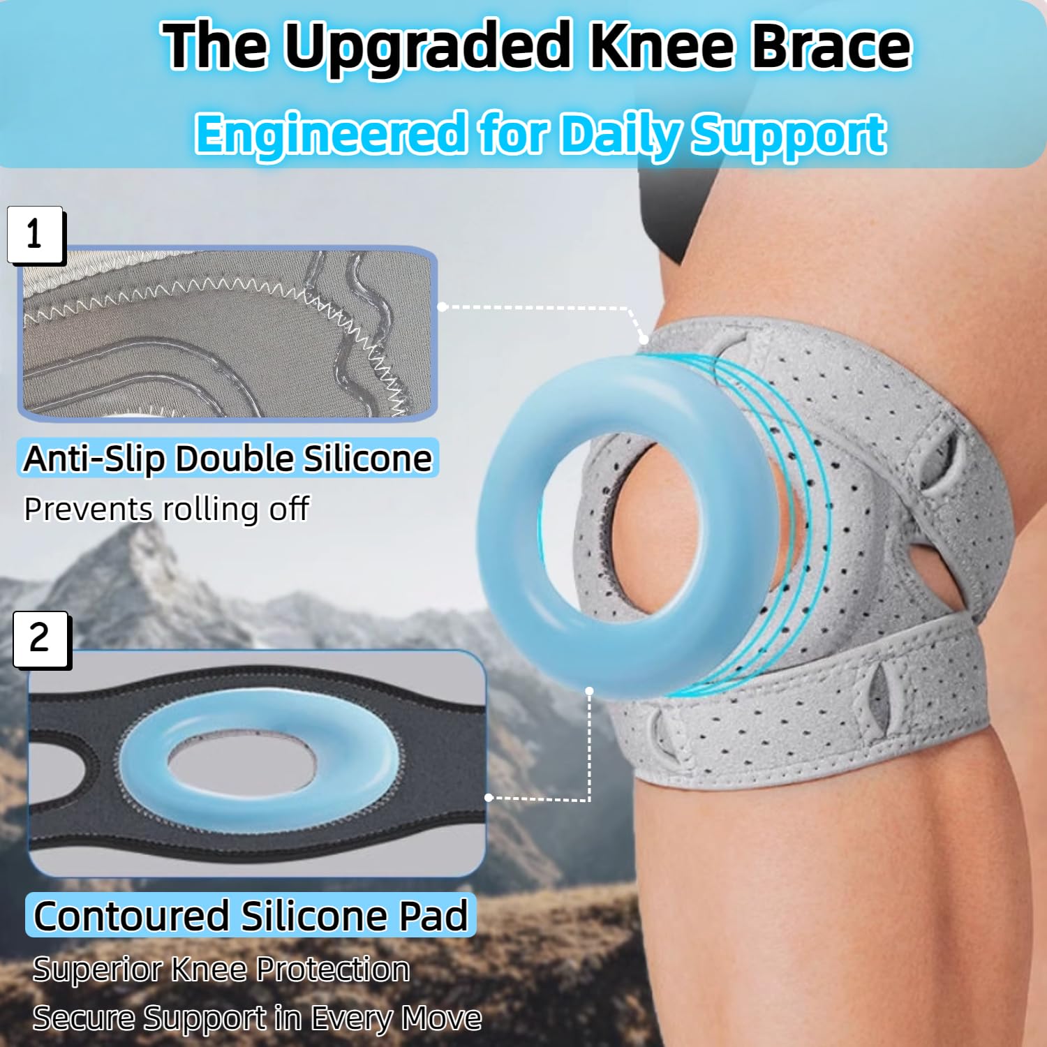 Knee Brace for Women Men Adjustable Knee Support with Side Stabilizers, Patella Gel Pads & Upgraded Silicone Anti-Slip Strip -Patella Knee Brace for Meniscus Tear, Knee Pain, Arthritis, Injury Recovery, Running, Workout