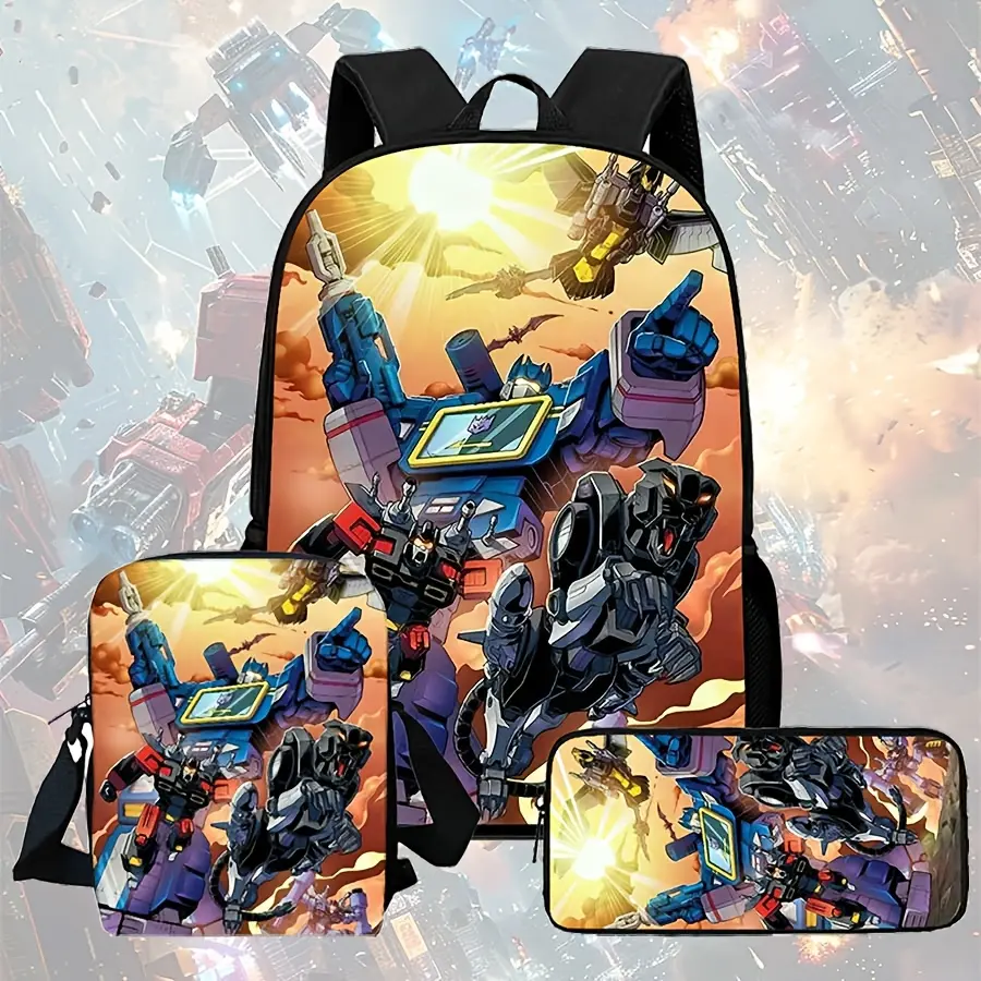 Durable Water Resistant 3-Piece Backpack Set for Boys, Lightweight Sunset Orange Cloud Background Decepticons Soundwave Laserbeak Ravage Group Transformers Anime Print School Bag with Lunch Box