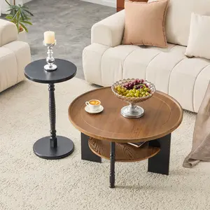 2-Piece Round Coffee Table & Side Table Set, Walnut & Black Wood Grain PVC Surface with Rounded Edges, Waterproof Scratch Resistant Table with Lower Storage Shelf, Compact Combination Furniture for Living Room Bedroom Small Spaces