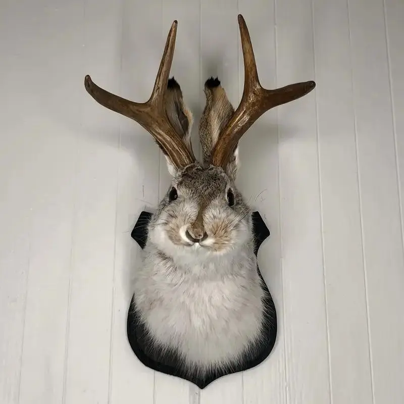 Faux Fur Deer Antler Rabbit Head Wall Sculpture, Home Wall Hanging, Vintage Country Style Bar Decor, Retro Farmhouse Art Piece, Aesthetic Wall Decor, Unique Home Decoration