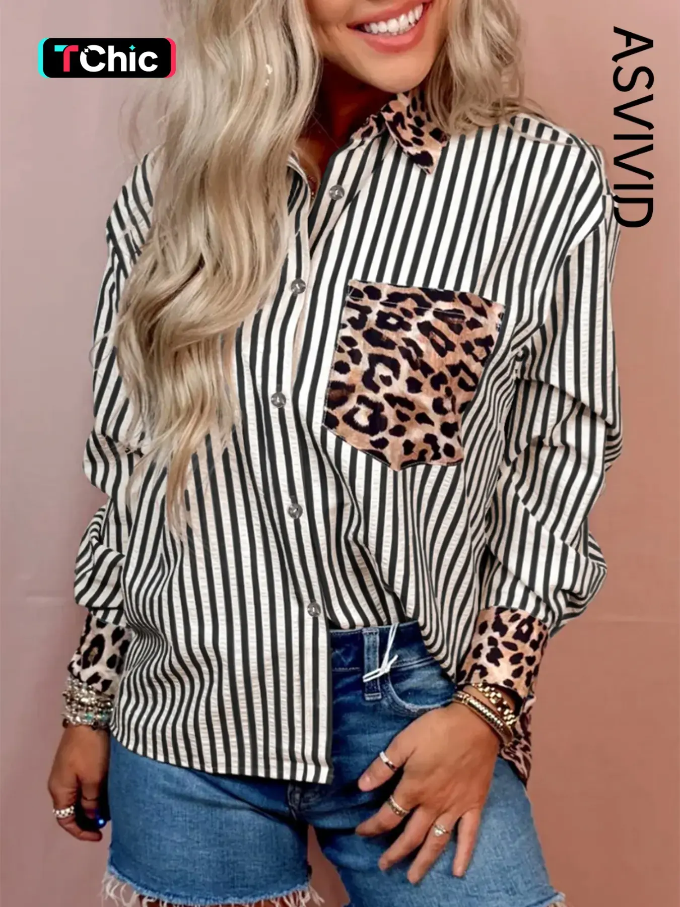 Women's Casual Striped Leopard Print Patchwork Button Up Long Sleeve Shirt, All Seasons Top, Fashion Shirt for Daily Wear