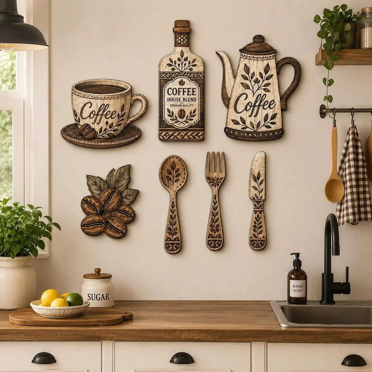 7 Piece Wooden Coffee Kitchen Wall Decor, Farmhouse Wall Art, Vintage Rustic Coffee Cup, Pot, Bottle, Beans, Spoon, Fork, Knife, Farmhouse Theme, Kitchen, Restaurant, Cafe