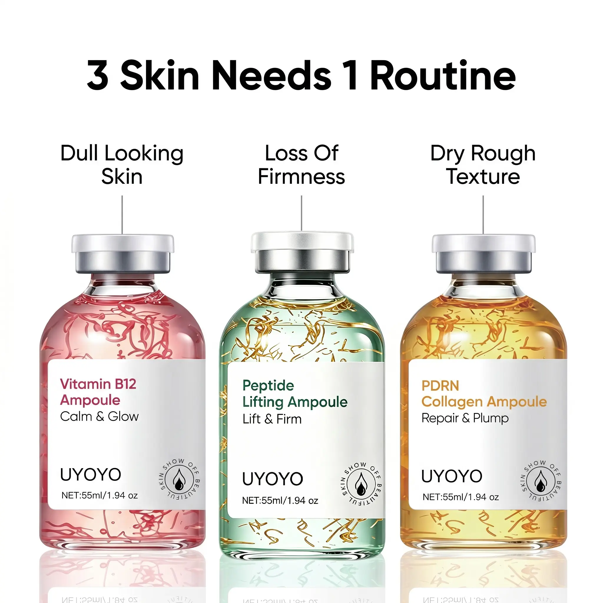 Glass Skin PDRN Triple Action Ampoule 3 Chamber Serum With Glow Vitamin Firming Peptide Salmon DNA Repair, Post Treatment Aftercare Anti Aging Serum For Sensitive Acne Skin K Beauty Single Use Facial Ampoule Blue Light Redness Relief Clinical Skincare