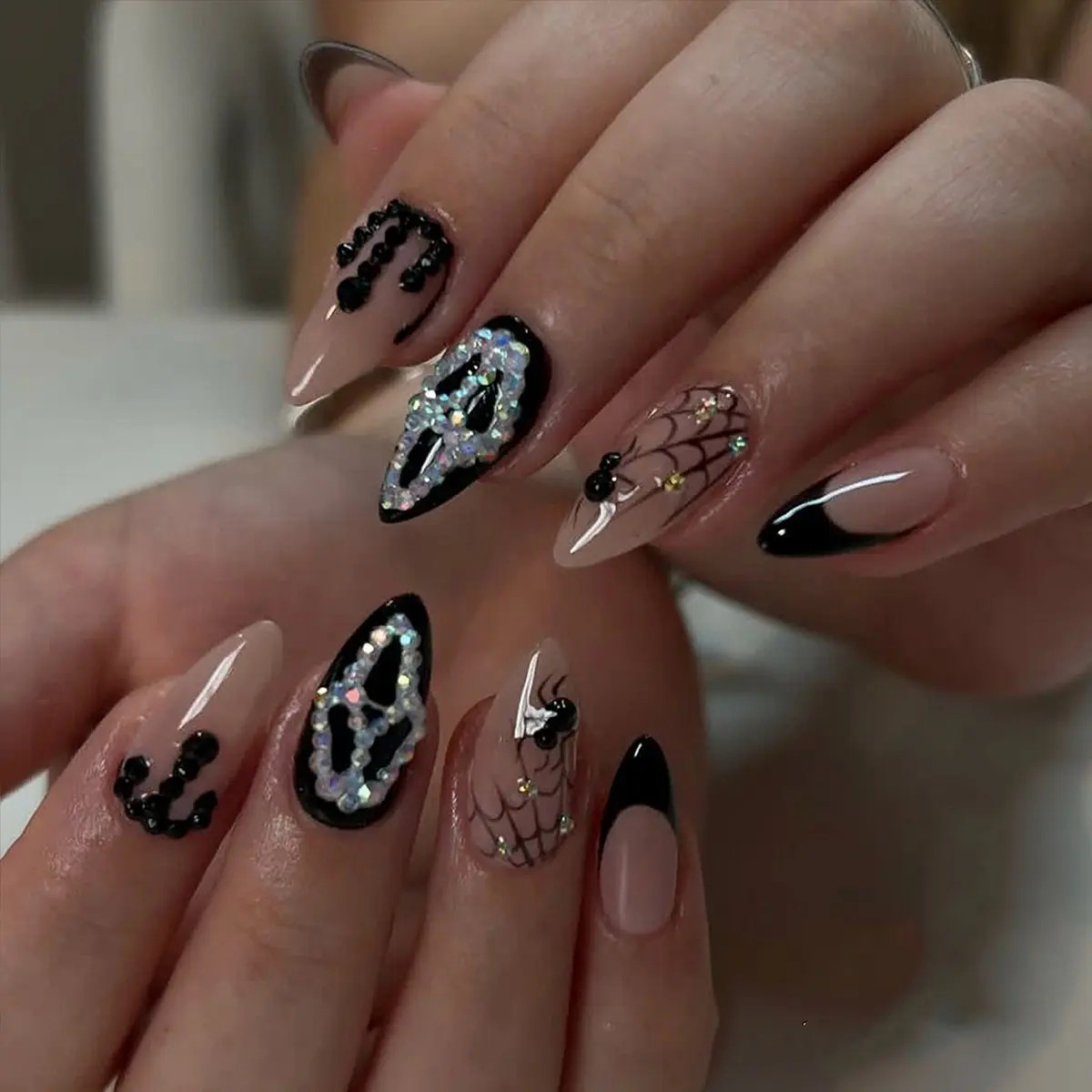24pcs Gothic Halloween False Nails, Medium Almond Nude French Design, Glitter Ghost Spiderweb, 3D Rhinestone Accent, Press on Nails