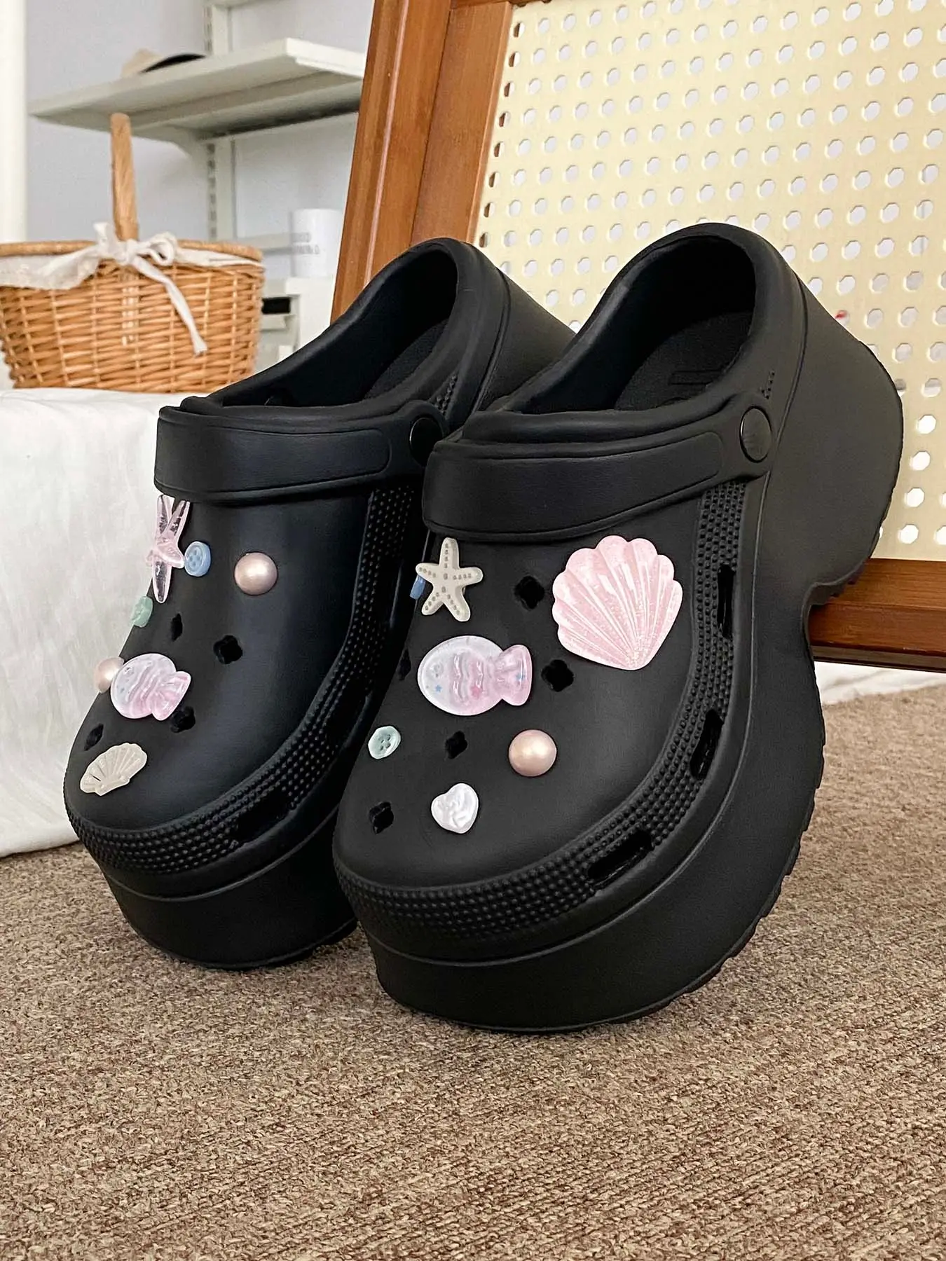 Summer New Beach Girl Style High Heel Hollow Out Shoes, Casual Comfortable Transparent Shell Starfish Fish Accessories Sandals for Women