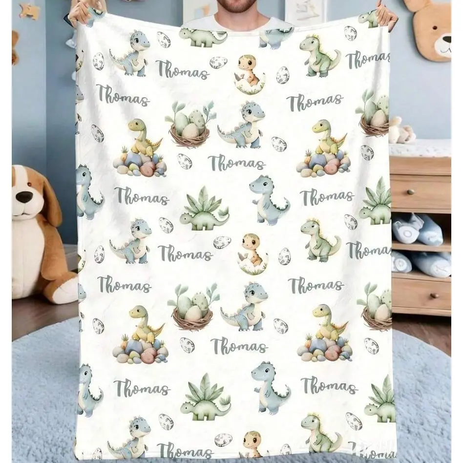 Custom Name Dinosaur Flannel Throw Blanket, Personalized Thomas Style Allover Print Blanket with Watercolor Dino Egg Design, Soft Cozy Warm Newborn Gift for Boy, Customizable Name Text Nursery Crib Stroller Blanket