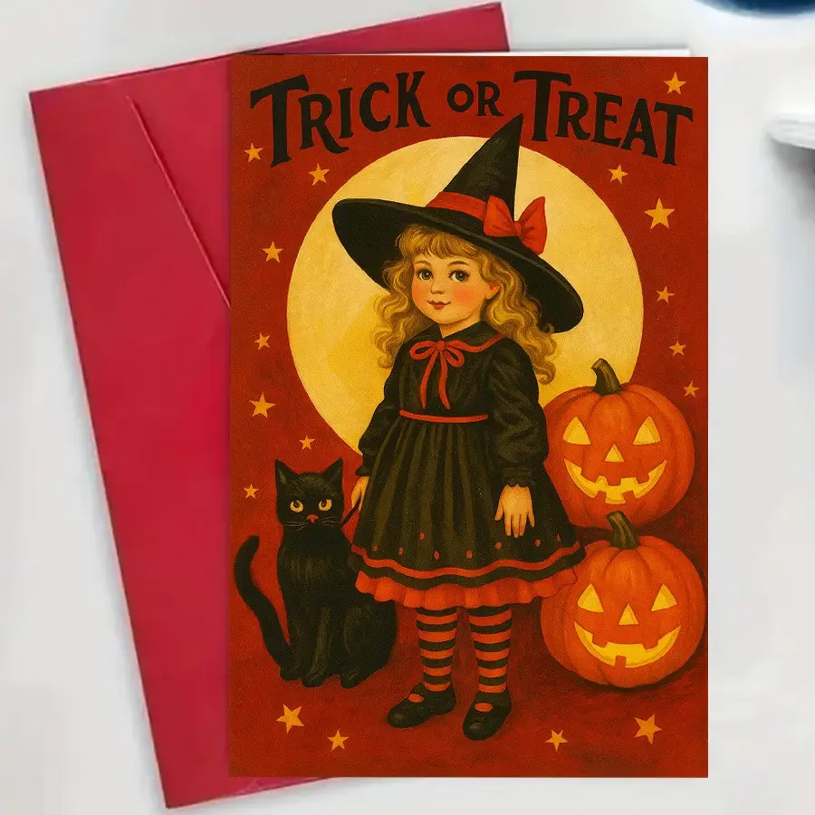 Vintage 1950s Retro Halloween Greeting Card, Witch Cat Jack-O-Lanterns Design, Spooky Party Invitations, Festive Gift Messages