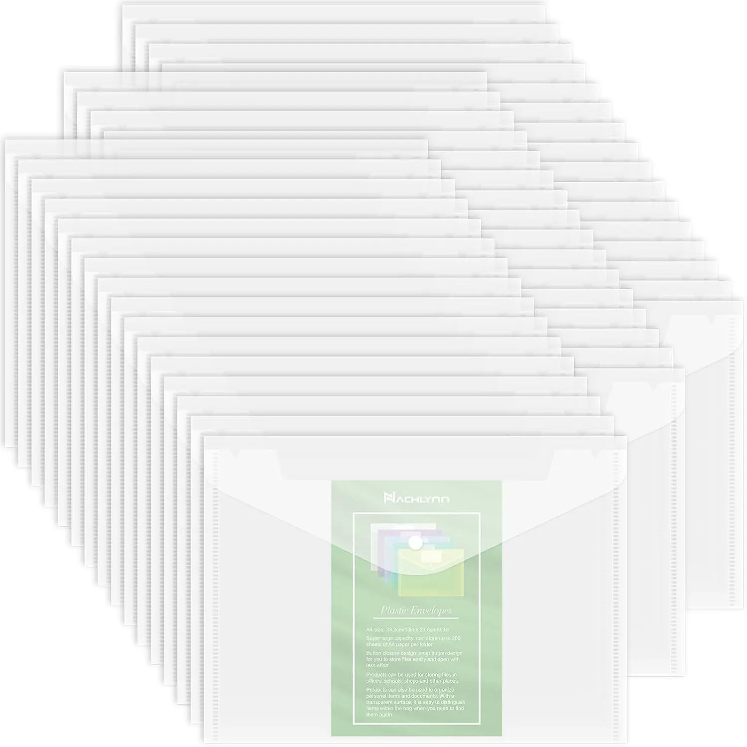 48pcs Plastic Envelopes Poly Envelopes with Snap Closure A4 Size Clear Document File Folders Organizers Clear Envelope for School Office Supplies
