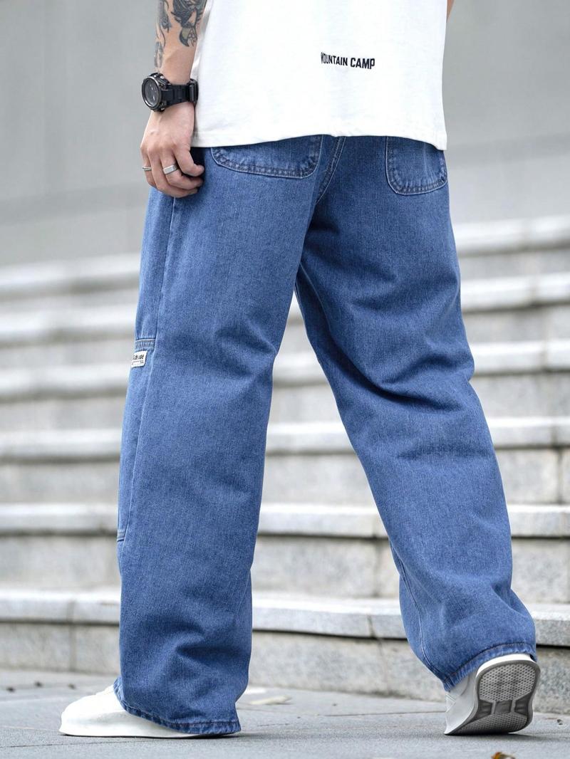 Men's Letter Patched Pocket Button Fly Wide Leg Jeans, Relaxed Fit Jeans, Loose Casual Style Denim Trousers for Daily Wear, Fashion Men's Bottoms for All Seasons, Jeans for Men, Cotton, Long Pants, Menswear