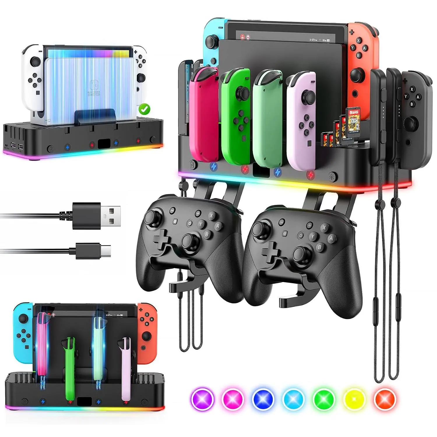 /OLED Wall Mount with RGB, Organizer with Holder, Dock for Joycon with 15 Light Mode,2 USB Ports,4 Controller Charger,10 Card Slots