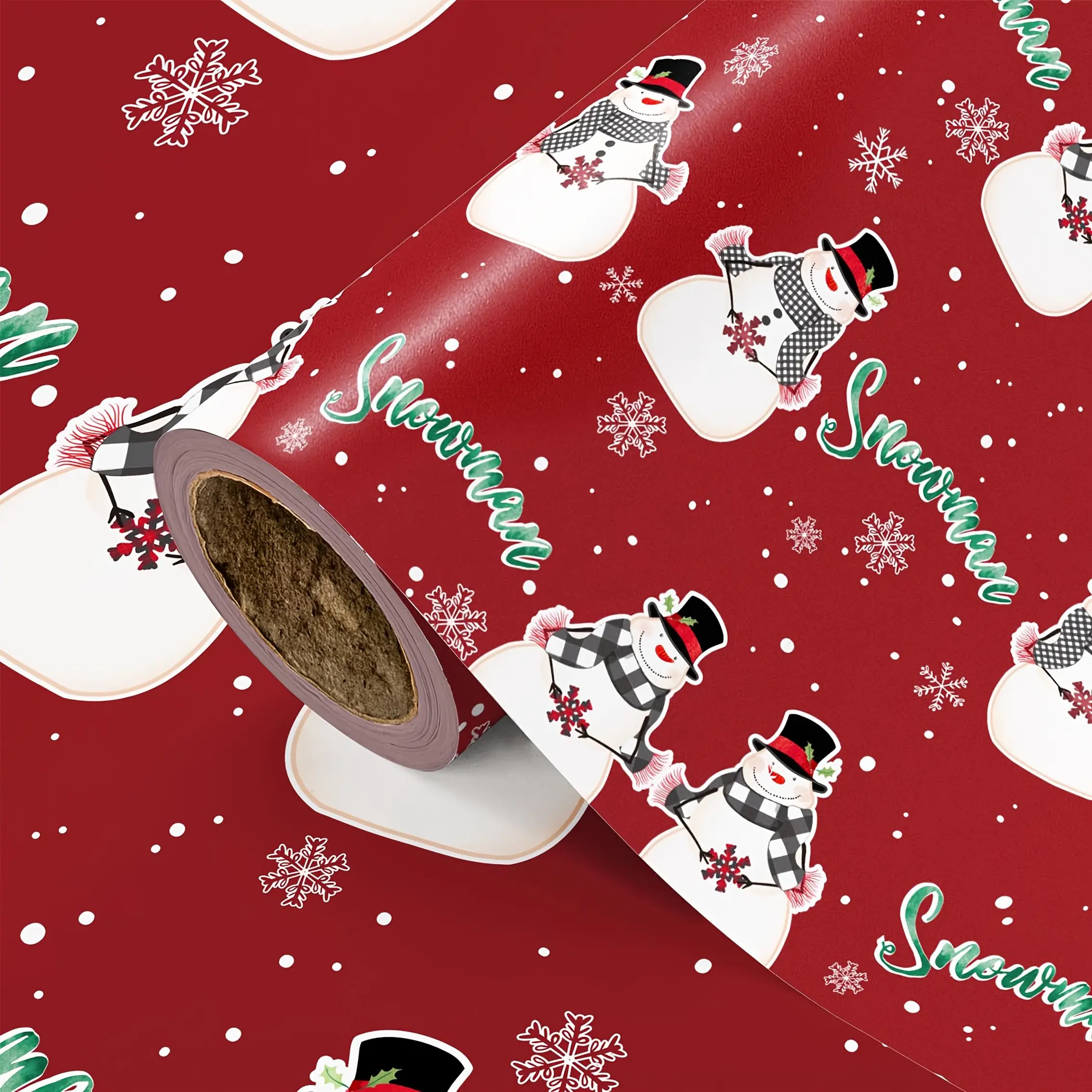 Christmas Wrapping Paper Roll, Snowman Design with Hat and Plaid Scarf, Text, Snowflakes, Dots, 43.2cm X 500cm