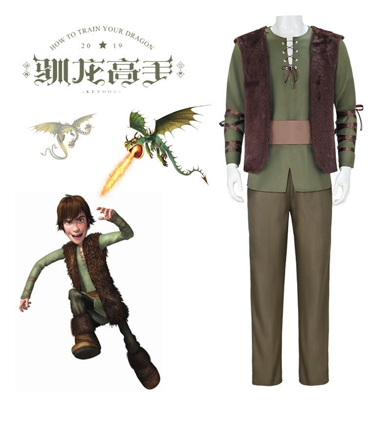Movie Dragon Hiccup Cosplay Costume wig Green T Shirt Pant Brown Vest Set Halloween adult cartoon dragon Training