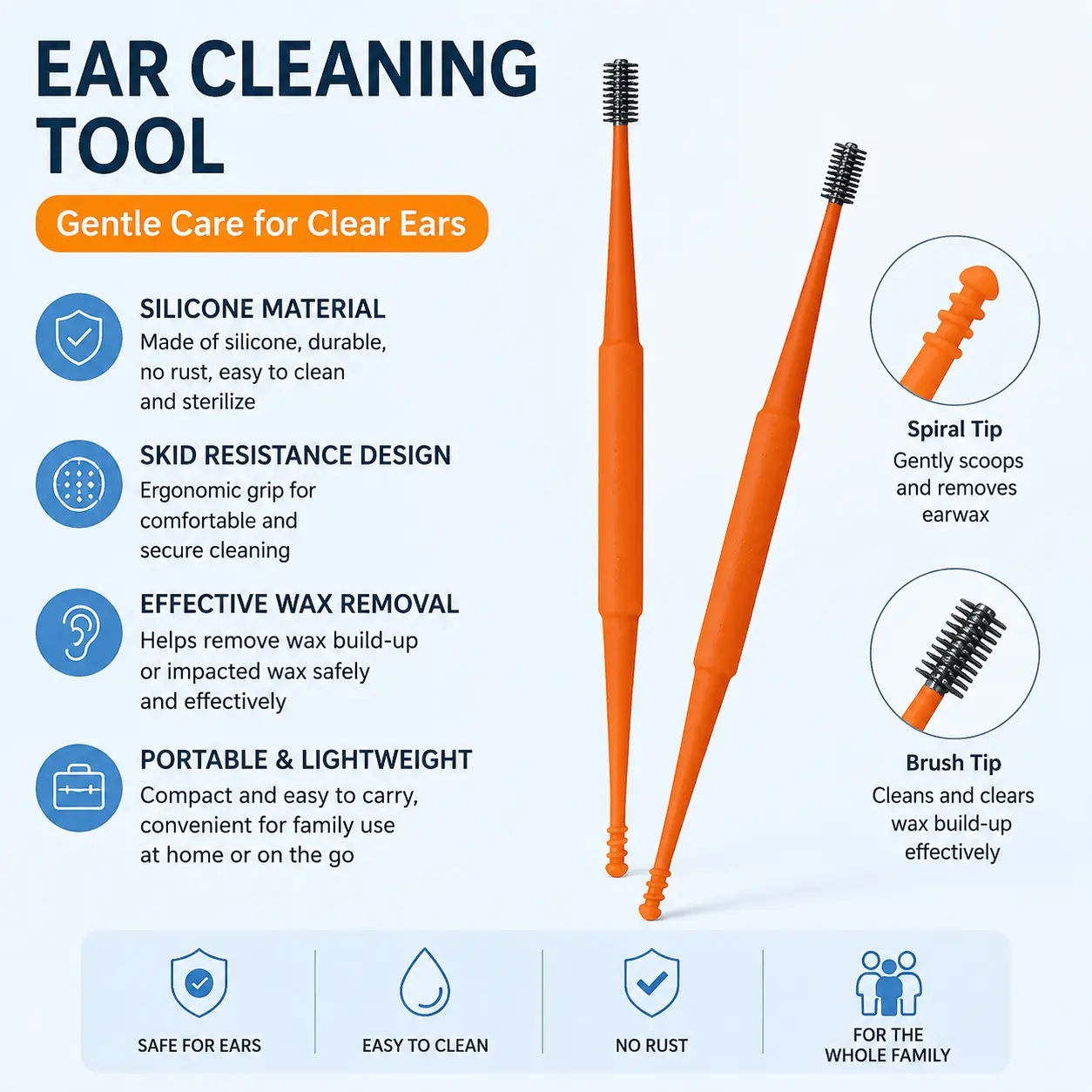 Soft Silicone Dual Spiral Earwax Cleaner Kit with Detachable Brush, Safe Home Ear Care Tool, Portable Anti-Allergy Ear Cleaning Set, 4-Color Spiral Ear Scoop for Precision Cleaning