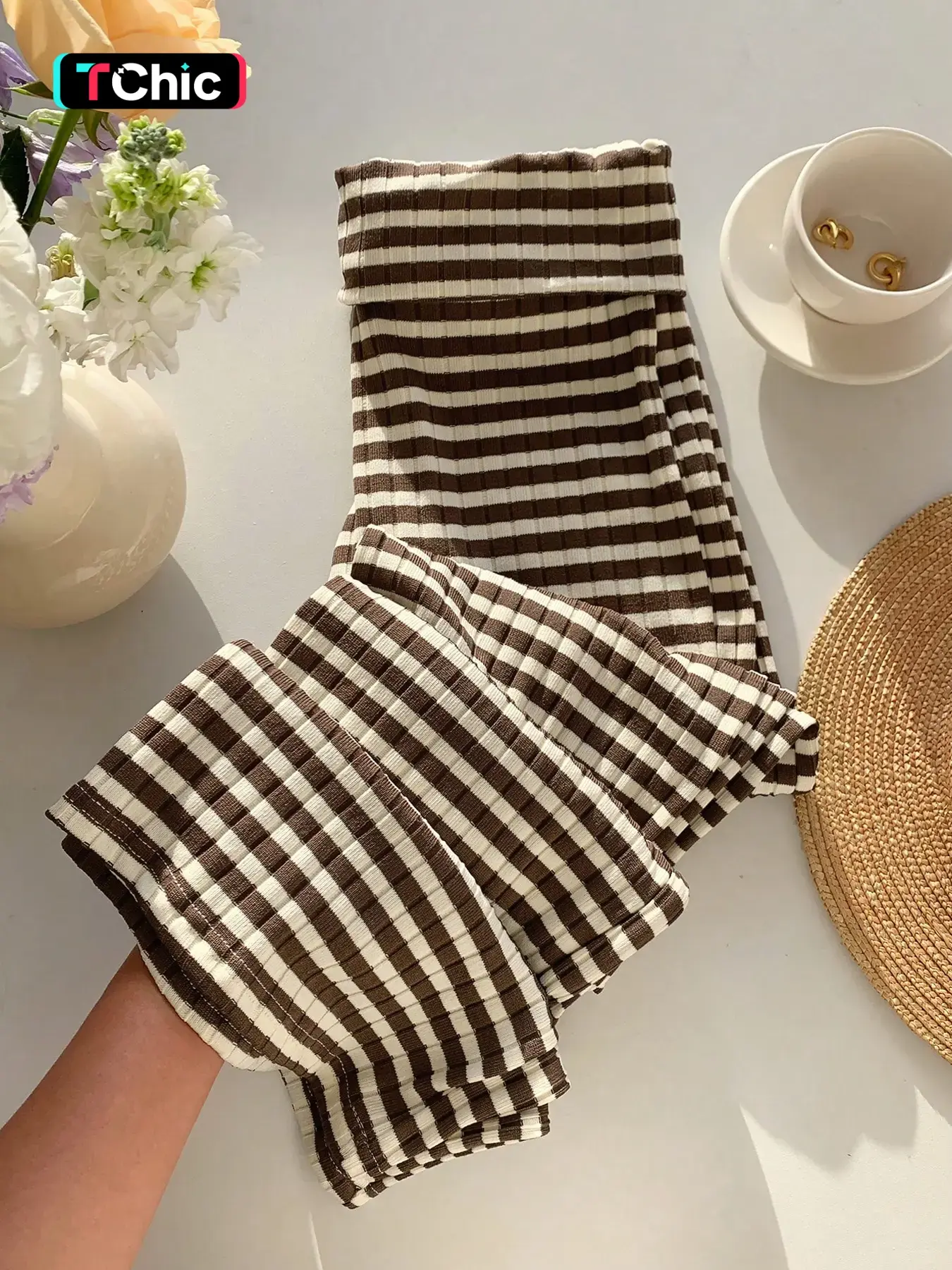 Women's Casual Striped Fold-Over Waist Loose Baggy Wide Leg Pants, Summer, Bottoms