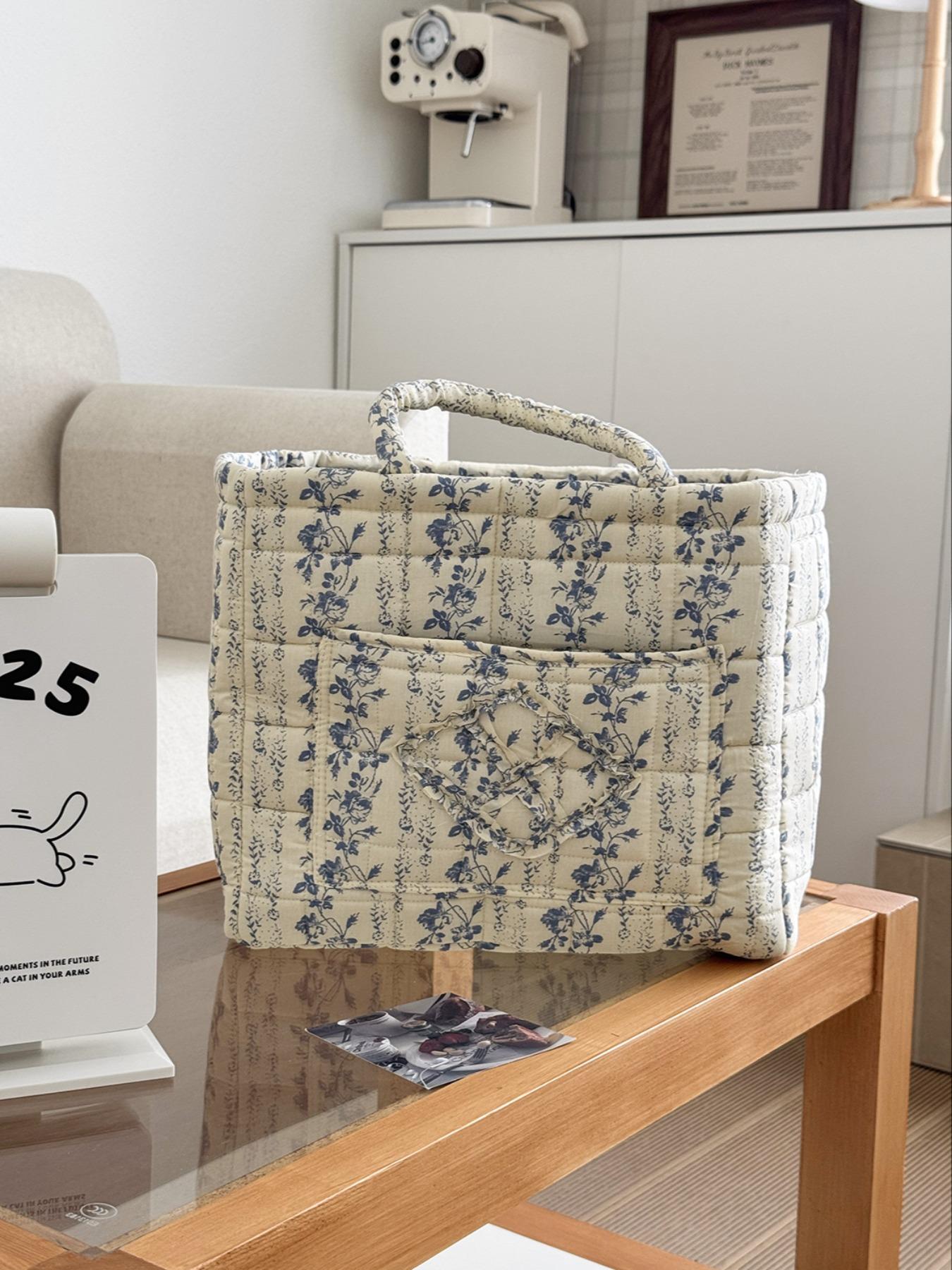 Floral Pattern Storage Basket, Portable Lingerie & Small Essentials Basket, Home Organizer for Bathroom Bedroom Office, Multipurpose Basket