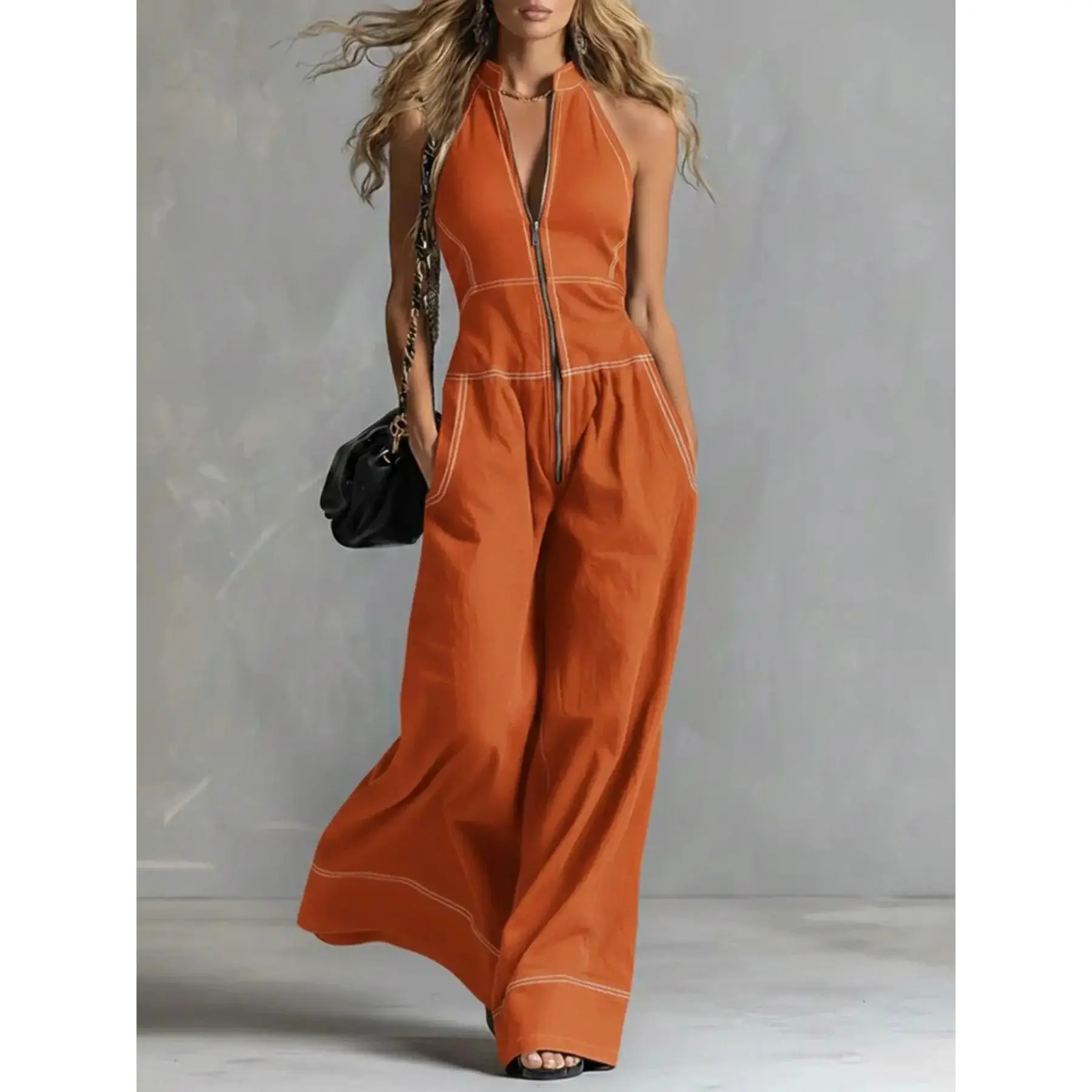 Women's Stand Collar Sleeveless Solid Color Zipper Casual Loose Commuter Romper, Comfortable and Stylish One-Piece for Daily Wear, Womenswear
