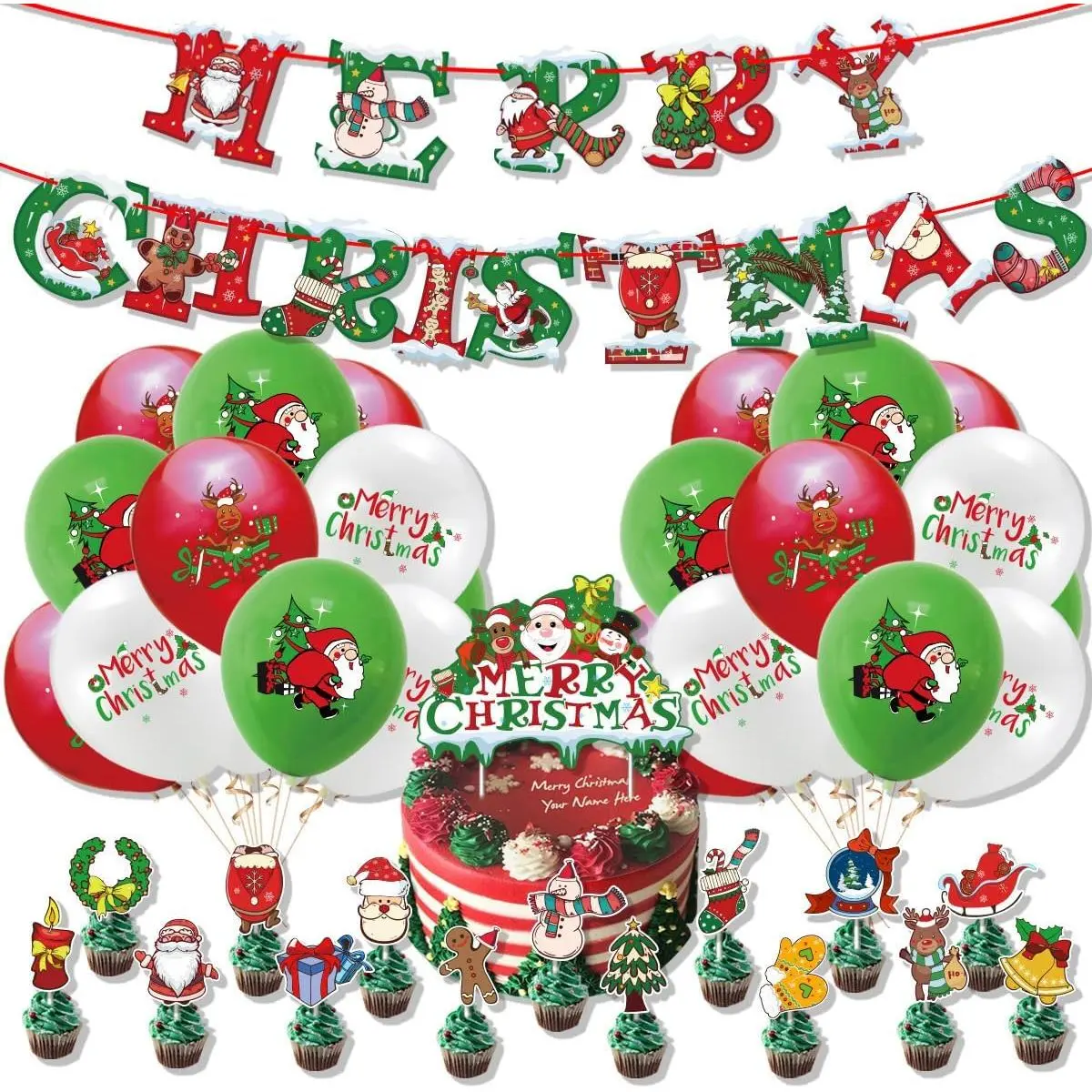 Christmas Party Supplies,  48 count Merry Christmas Decorations Sets with Banner, Balloons, Cake Cupcake Toppers for Party Decor