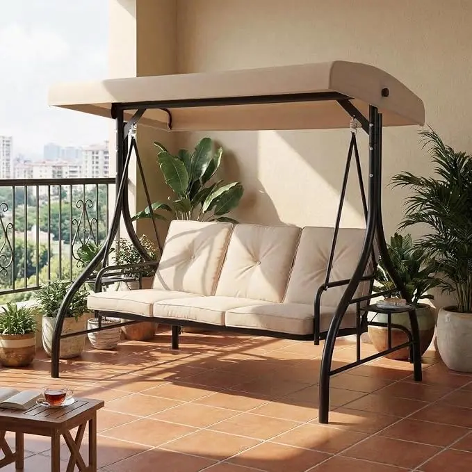 3-Person Outdoor Swing Chair – Adjustable Canopy, Convertible Swing Bed Thick Cushions Built in Cup Holders and Tray Weather Resistant Steel Frame for Backyard Garden ﻿