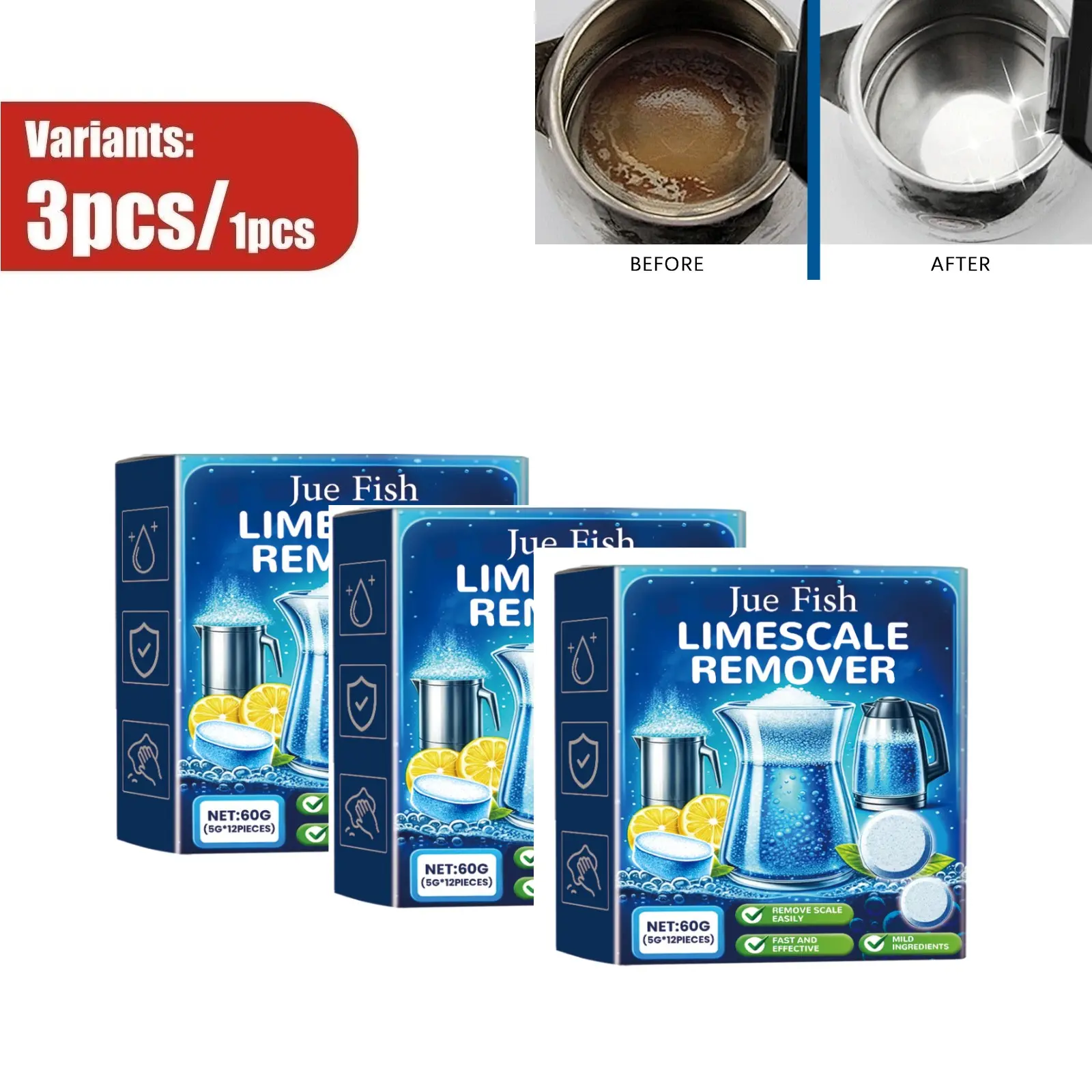 Lemon Scent Descaling Cleaning Tablets, Efficiently Remove Limescale and Mineral Residues, Deep Clean Kettles, Cookware and Coffee Makers, Multi-functional Kitchen Appliance Descaling Cleaner for Daily