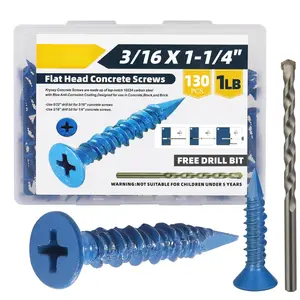 130Pcs 3/16 x 1-1/4 in Concrete Screws with Drill bits,Masonry Screws  Concrete Assortment Kit,Flat Head Block Cement Stacoo Screws and Anchors,Diamond Point,Blue Coated(1LB)