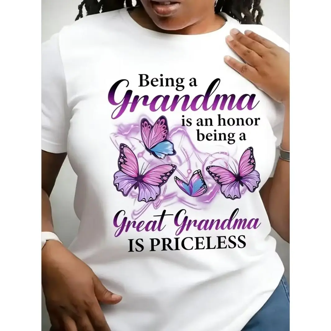 Women's "Being a Grandma Is Priceless" Short-Sleeve Crew Neck T-Shirt - Purple & Pink Butterfly Print, Ribbed, Smooth, Comfortable, Lightweight Elastane Stretch Fit, Grandparents Day Gift, Shortsleeve, Cotton, Essential, Everyday