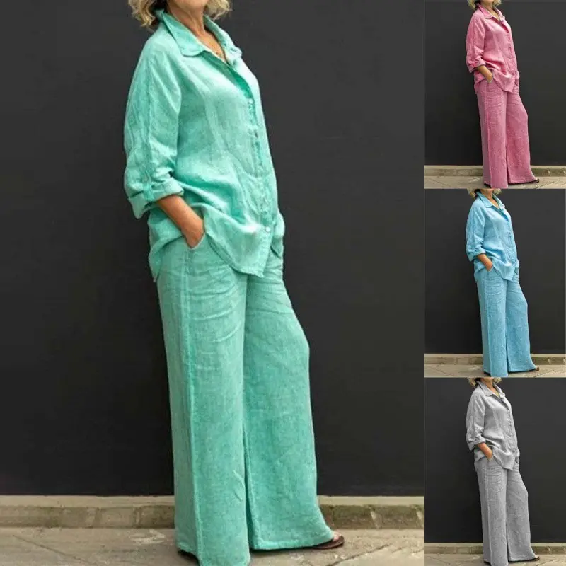 Women’s Button Up Shirt and Pants Set, Casual Workwear Matching Outfit with Relaxed Fit, Trendy Everyday Clothing