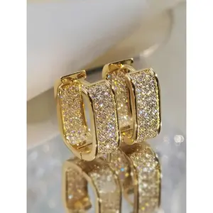 Geometric Rectangle Design Hoop Earrings, Double Sided Inlaid Rhinestone Decorative Hoop Earrings, Shiny Fashion Personalized Accessories, Wedding Anniversary Party Holiday Trendy Jewelry Gifts for Women, Statement Earrings