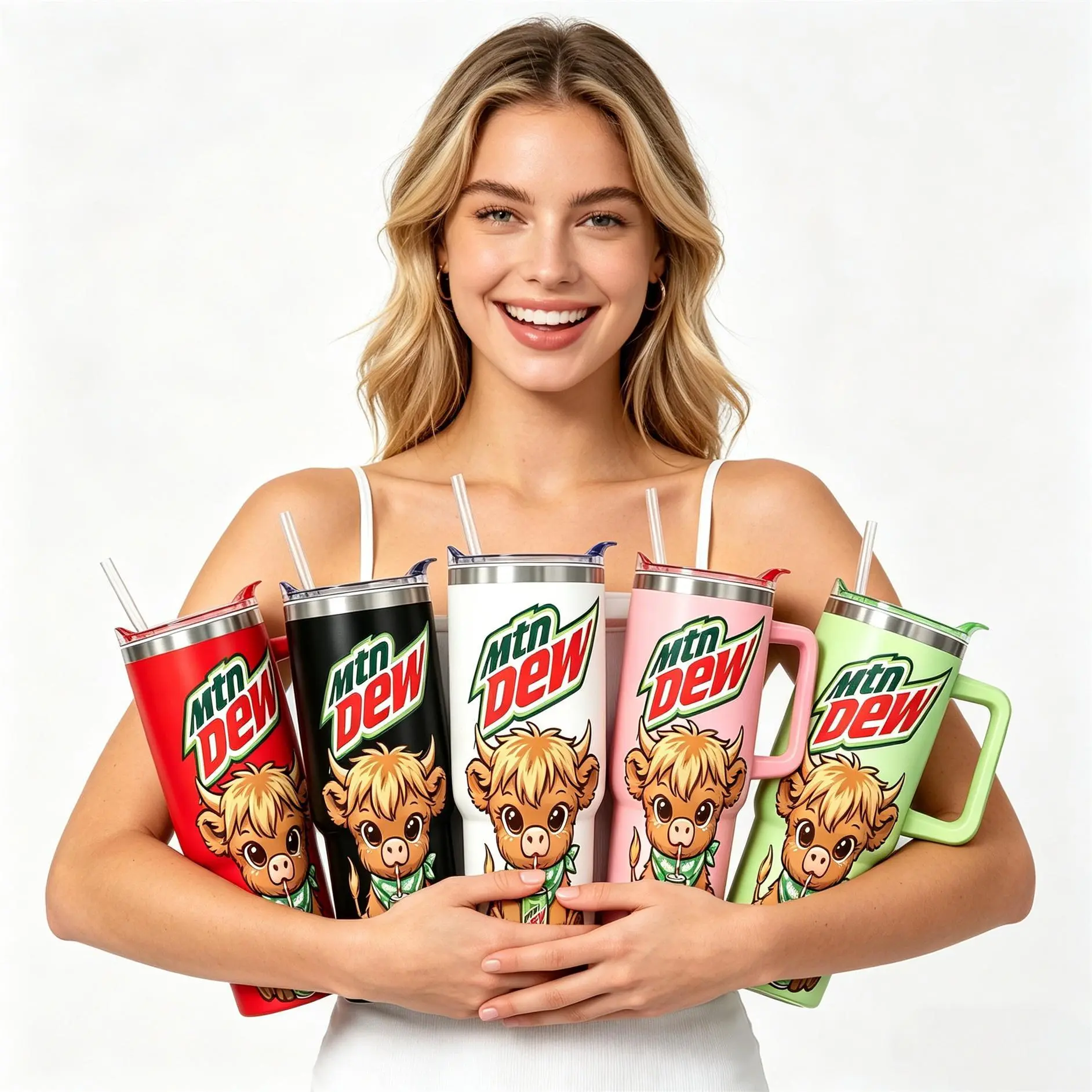 Mtn Dew Highland Cow Tumbler - 40oz Travel Mug with Handle and Straw - Cute Baby Cow Graphics, Mountain Landscape Design, Dew the Moo Adorable Highland Cow Mtn Dew Aesthetic 40oz Travel Cup, The Perfect Gift for Soda Lovers & Farm Animal Fans